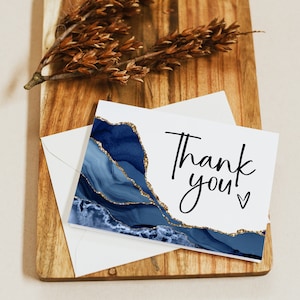 Plantilla de tarjeta de agradecimiento, boda de ágata azul marino y dorada, tarjeta de agradecimiento plegable, imprimible de boda moderna, bricolaje editable, descarga, M19