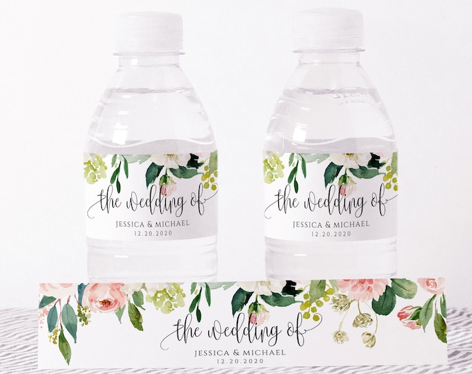 Wedding Water Bottle Label Template, Printable, Blush Pink Floral Labels, DIY Wedding Label, Instant Download, Editable Text, Templett, F5