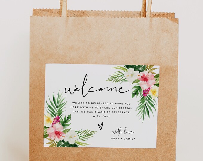 Hawaiian Beach Welcome Bag Label Template, Tropical Wedding, Welcome Bag Label, Welcome labels, Wedding Welcome Cards, Digital Download, H1