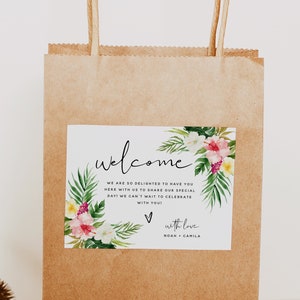 Modèle d'étiquette de sac de bienvenue de plage hawaïenne, mariage tropical, étiquette de sac de bienvenue, étiquettes de bienvenue, cartes de bienvenue de mariage, téléchargement numérique, H1