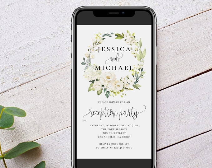 Wedding Electronic Reception Invitation Template, White Floral Wedding, Wedding Reception, E-Invite Wedding, Instant Download, Templett, F7