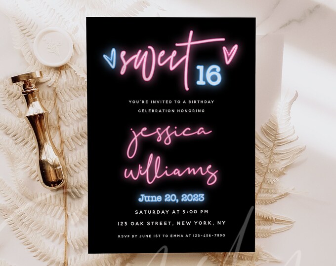 Neon Invitation Template, DIY Quinceañera Sweet 16 Party Invitation Cards Template, Editable Neon Party Invitation, Instant Download, Neon