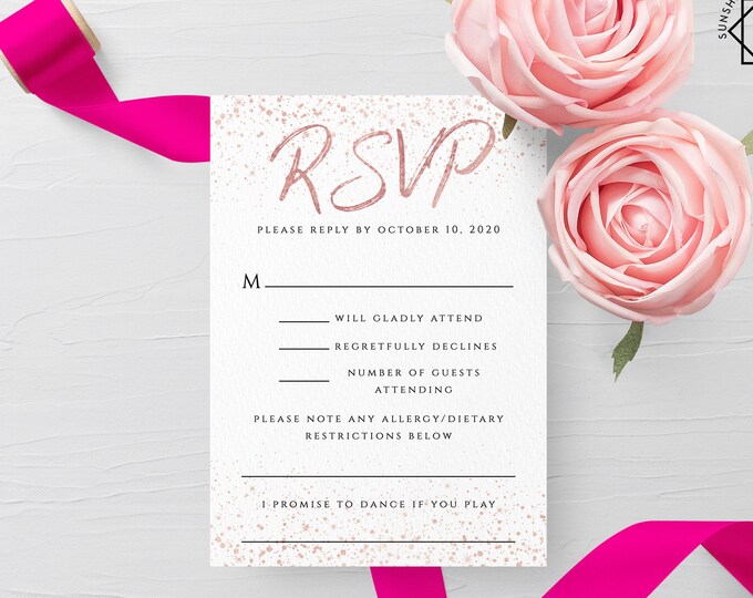 Rose Gold Wedding RSVP Template Printable Rose Gold RSVP Card Template Editable Wedding RSVP Template Rose Gold Instant Download Templett M1