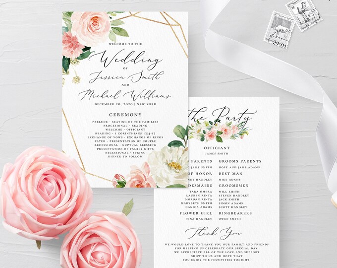 Wedding Program Template Ceremony Program Template Boho Blush Floral Program Template INSTANT DOWNLOAD Fully Editable Printable Templett F5A