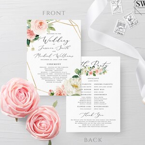 May include: Wedding invitation with a floral design. The front of the card features a gold geometric frame with pink and white flowers. The back of the card lists the wedding party and includes a thank you message.