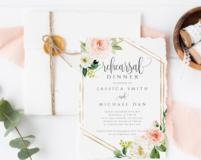 Rehearsal Dinner Invitation Template Blush Floral Printable Wedding Rehearsal Invite INSTANT DOWNLOAD 100% Editable Rehearsal Templett F5