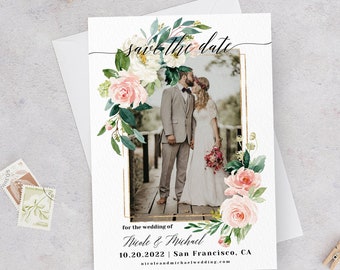 Photo Save the Date Template, Blush White Floral, Engagement Photo Save the Date, DIY Printable, Editable Save the Date Picture Template, F5