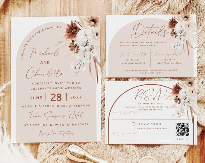 Terracotta Floral Wedding Invitation Kit Template, Invitation Set, Invitation Suite, Bohemian Wedding, Wedding Printable, DIY Editable, F24