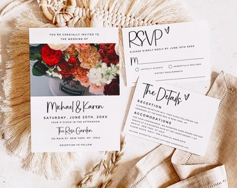 Minimalist Photo Invitation Suite Template, Modern Wedding, Rustic Wedding Photo Invitation, Wedding RSVP Wedding Details, DIY Editable, M18