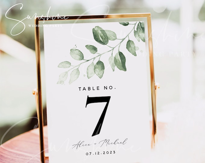 Eucalyptus Greenery Wedding Table Number Sign Template, Printable Wedding Table Number Card Template, Editable Instant Download, Templett G4