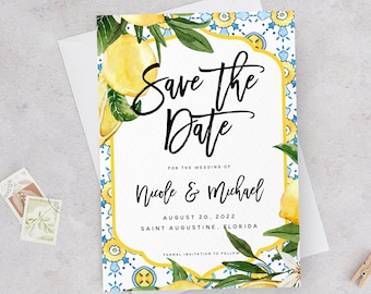 Rustic Lemon Save the Date Template, DIY Lemon Blue Wedding Save the Date Card, Wedding, Printable, Editable, Instant Download, Templett, L1