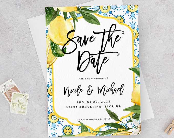 Rustic Lemon Save the Date Template, DIY Lemon Blue Wedding Save the Date Card, Wedding, Printable, Editable, Instant Download, Templett, L1