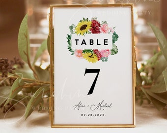 Sunflower Burgundy Wedding Table Number Sign Template, Printable Wedding Table Number Card, Editable Sign, Instant Download, Templett, F12