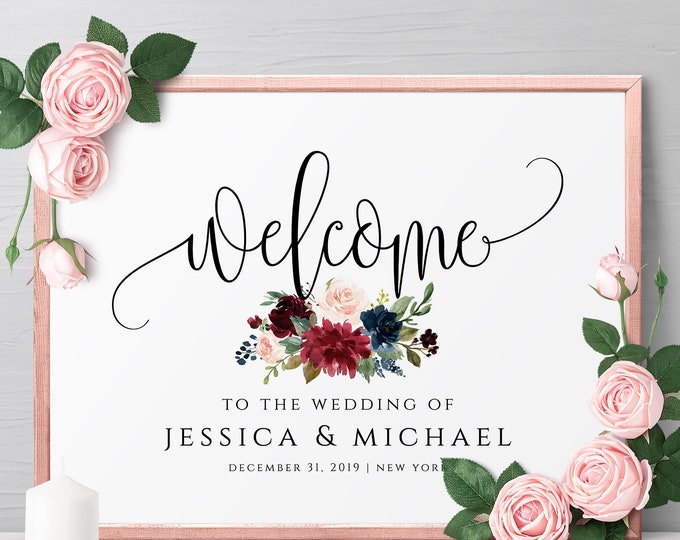 Marsala Burgundy Navy Wedding Welcome Sign Printable Editable Wedding Welcome Sign Template Welcome Instant Download Templett JPEG PDF F3