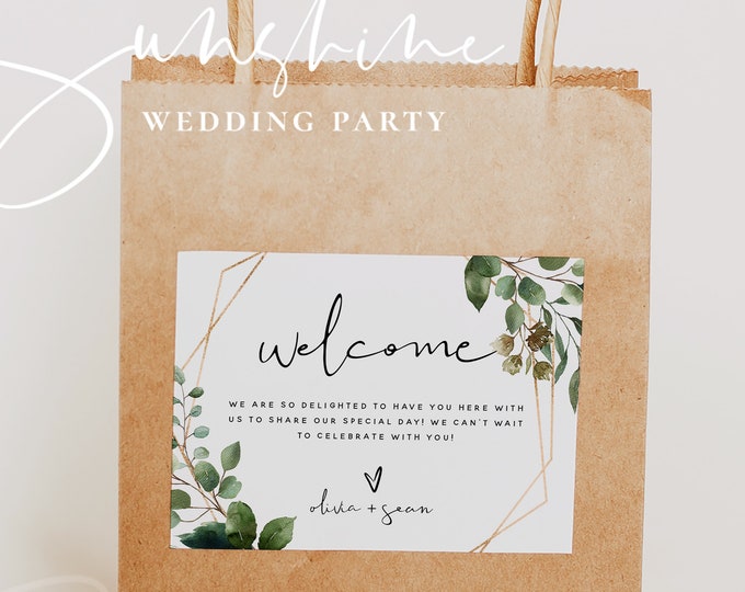 Welcome Bag Label Template, Greenery Wedding Welcome Bag Labels, Printable Welcome Bag Labels, Editable Labels, Instant Download Templett G5