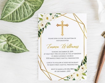 Baptism Invitation Template | Add Baby Photo Backside | Editable Christening | Templett | Gold Floral | Printable | Instant Download