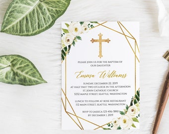 Printable Baptism Invitation Template Greenery Baptism Template Printable Baptism Invitation Template Instant Download Cross Baptism Invite