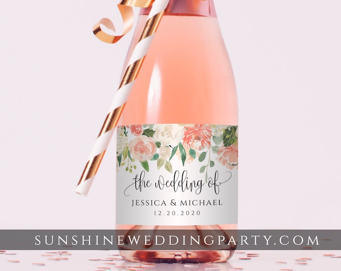 Mini Champagne Bottle Label Template, Peach Floral Wedding / Bridal Shower Favor, Editable Text, Printable, Instant Download, Templett, F1