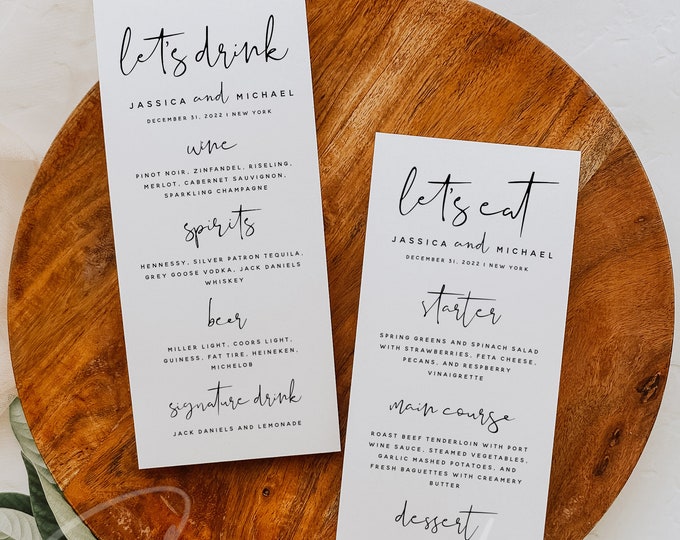 Let's Eat Wedding Menu Template, Let's Drink Wedding Dinner Menu, DIY Modern Menu Template, Reception Dinner Menu Card, Instant Download, M8