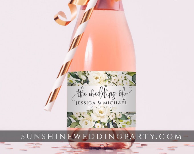 Mini Champagne Bottle Label Template, White Floral Wedding / Bridal Shower Favor, Editable Text, Printable, Instant Download, Templett, F7