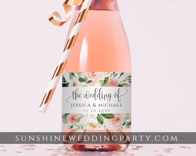 Mini Champagne Bottle Label Template, Blush Pink Wedding / Bridal Shower Favor, 100% Editable Text Printable, Instant Download, Templett, F5