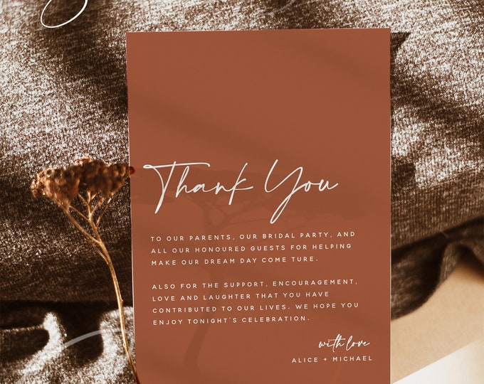 Modern Thank You Letter, Terracotta Flat 4x6 Card, Napkin Note, In Lieu of Favors Card, Editable Template, Instant Download, Templett, T1