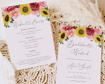 Sunflower Bachelorette Invitation & Itinerary | Editable Template Set | Rustic Bridal Weekend | Templett | Instant Download | Printable |F12