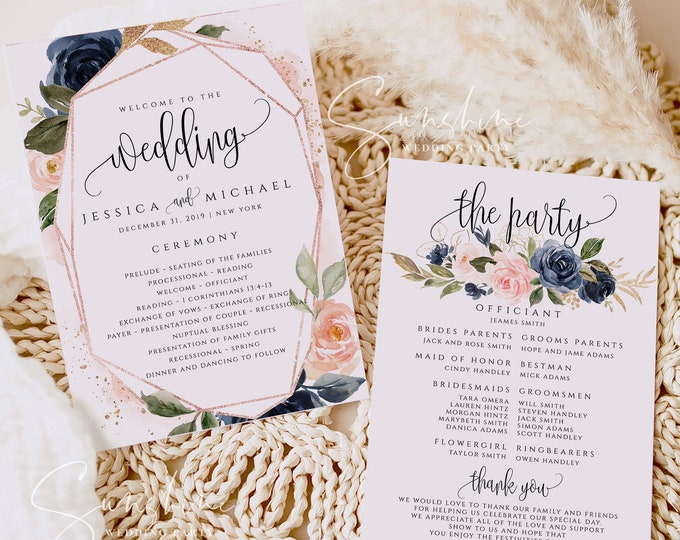 Wedding Program Template, Navy Blush Ceremony Program Template, INSTANT DOWNLOAD, 100% Editable Text, Printable Program, DIY, Templett, F6