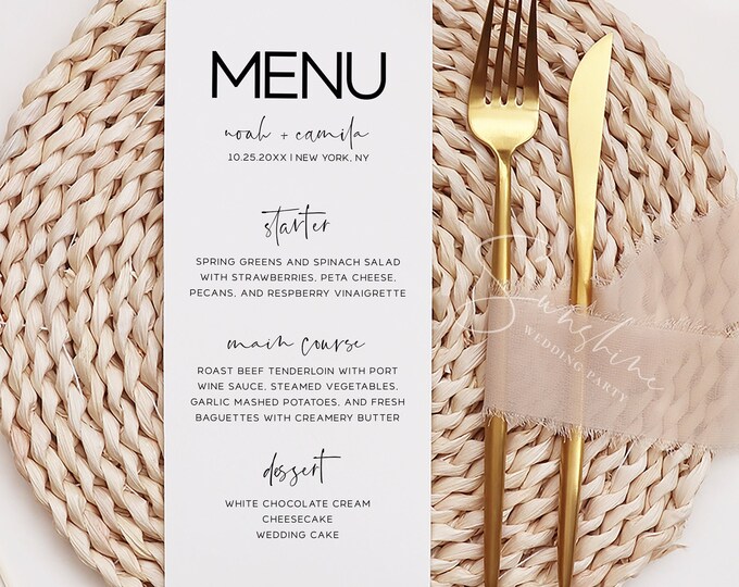 Minimalist Wedding Long Menu Cards Template, Modern Menu Cards, Editable Menu Template, Minimalist Wedding Menu Card, Instant Download, M17