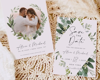 Eucalyptus Greenery Photo Save the Date Template, Wedding Save the Date Electronic Save the Date, Save the Date Instant Download Templett G3