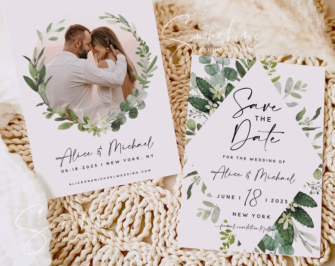 Eucalyptus Greenery Photo Save the Date Template, Wedding Save the Date Electronic Save the Date, Save the Date Instant Download Templett G3