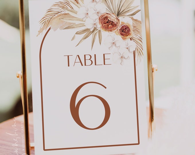 Terracotta Wedding Table Number Signs, Modern Bohemian Table Number Cards, Pampas Wedding, Terracotta Wedding, Editable Template, T4