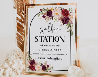 Selfie Station Sign Template, Boho Dusty Pink Burgundy Floral Wedding, Reception Selfie Station Sign, Printable Signs, DIY Editable Sign, F2