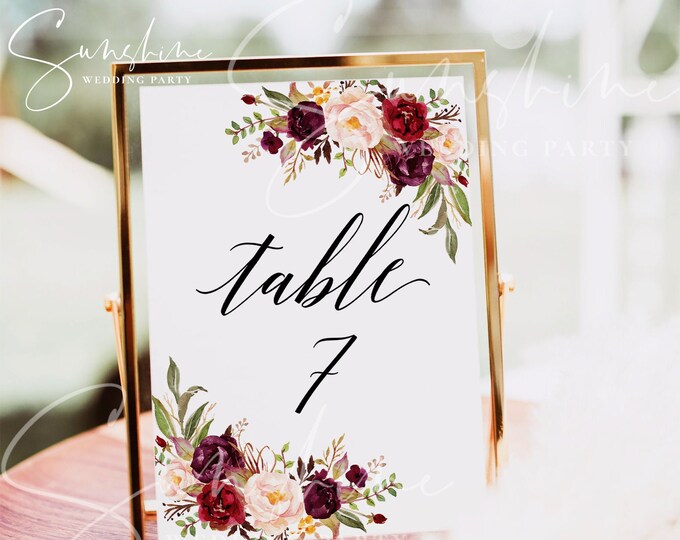 Red Floral Wedding Table Number Sign Template Printable Fully Editable Wedding Table Sign Template Script Font Digital Download JPEG PDF WF2