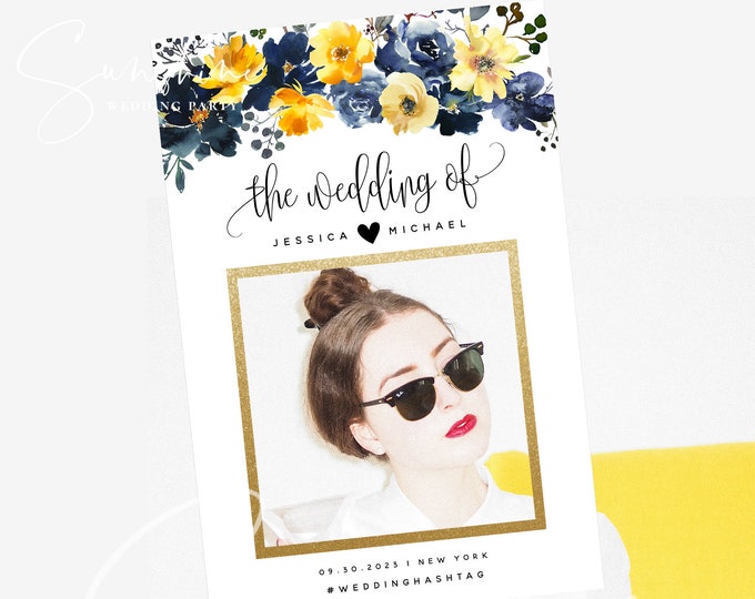 Blue Yellow Wedding Photo Prop Booth Frame Sign Template Floral Selfie Frame Prop Frame Editable Printable Template INSTANT Templett F15
