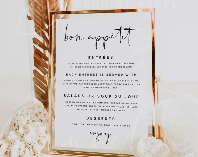 Bon Appetit Menu Sign Template, Wedding Signs, Printable Bon Appetit Sign, Modern Wedding Signs, Editable Text, Instant Download Templett M8