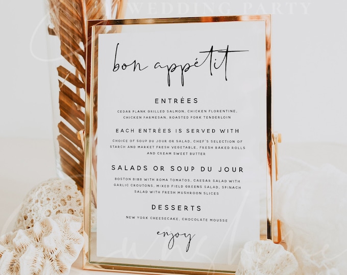 Bon Appetit Menu Sign Template, Wedding Signs, Printable Bon Appetit Sign, Modern Wedding Signs, Editable Text, Instant Download Templett M8