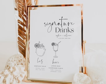 Signature Drink Sign Template, Minimalist Wedding, Modern Wedding, Signature Drink Sign, His and Hers Drink Bar Sign, Editable Template, M15