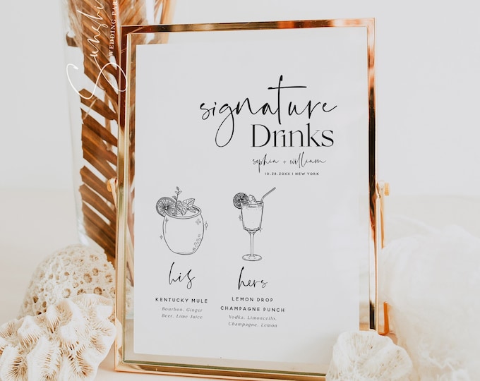 Signature Drink Sign Template, Minimalist Wedding, Modern Wedding, Signature Drink Sign, His and Hers Drink Bar Sign, Editable Template, M15