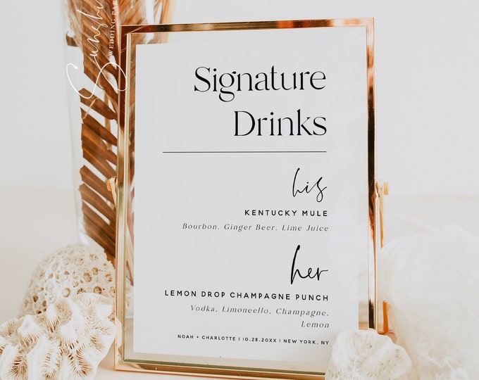 Signature Drinks Sign Template, Elegant Wedding, Modern Minimalist, Wedding Signature Drinks Sign, His and Hers Drink Bar Sign, M15