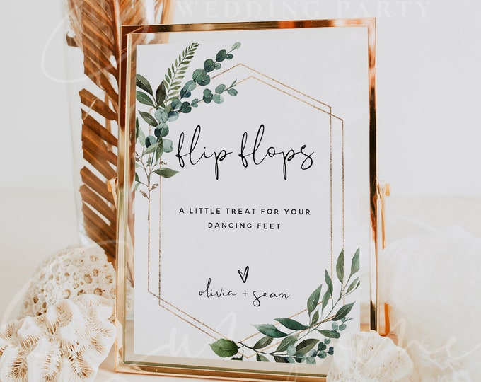 Flip Flops Sign Template, Greenery Wedding Signs, Printable Flip Flops Sign, Editable Template, Wedding Signs, Instant Download, Templett G5