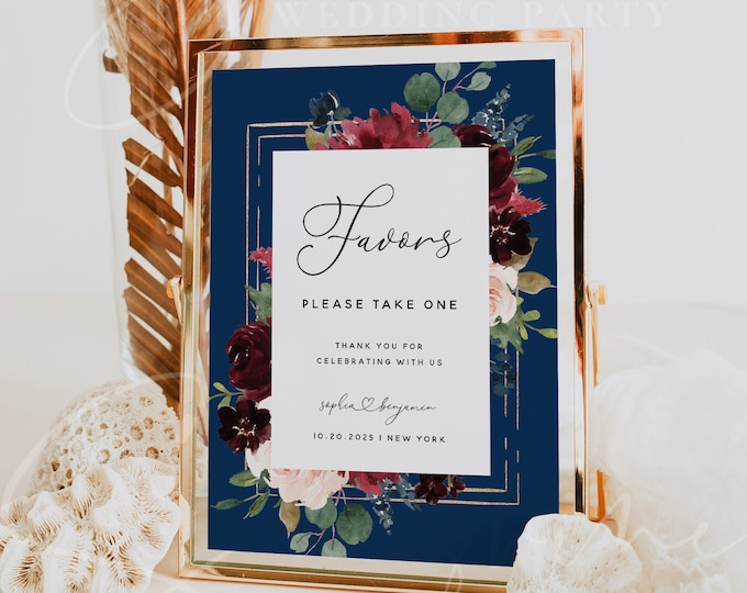 Navy Burgundy Wedding Favors Sign Template, Marsala Floral Favors Sign, Wedding Favours Sign Cards Template, Instant Download, Templett, F17