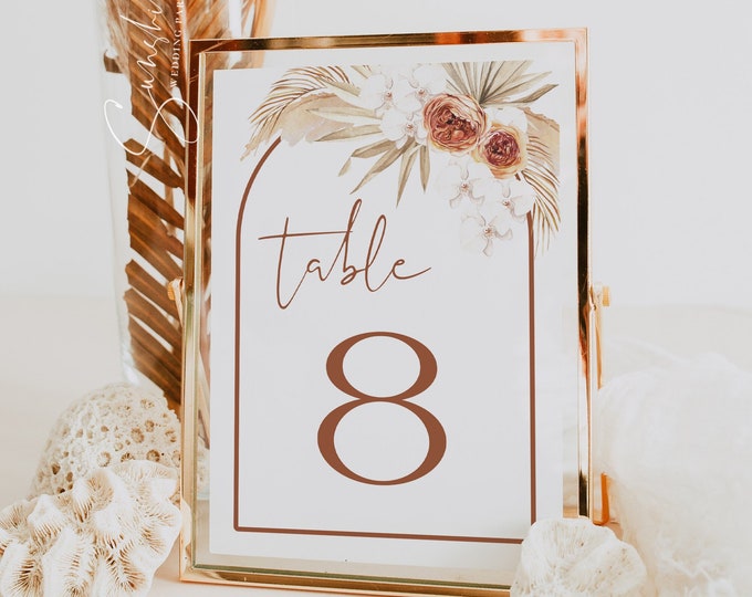 Terracotta Wedding Table Number Signs, Modern Bohemian Table Number Cards, Pampas Wedding, Terracotta Wedding, Editable Template, T4