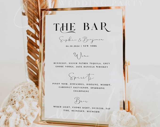 Modern Wedding The Bar Menu Template, Minimalist The Bar Menu Signs, Printable Bar Menu Cards, Wedding Menu, Instant Download, Templett, M10