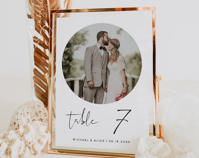 Minimalist Wedding Table Numbers with Photos Template, Digital Download, Editable, Photo Table Numbers, Wedding Table Numbers, 5x7, 4x6, M8