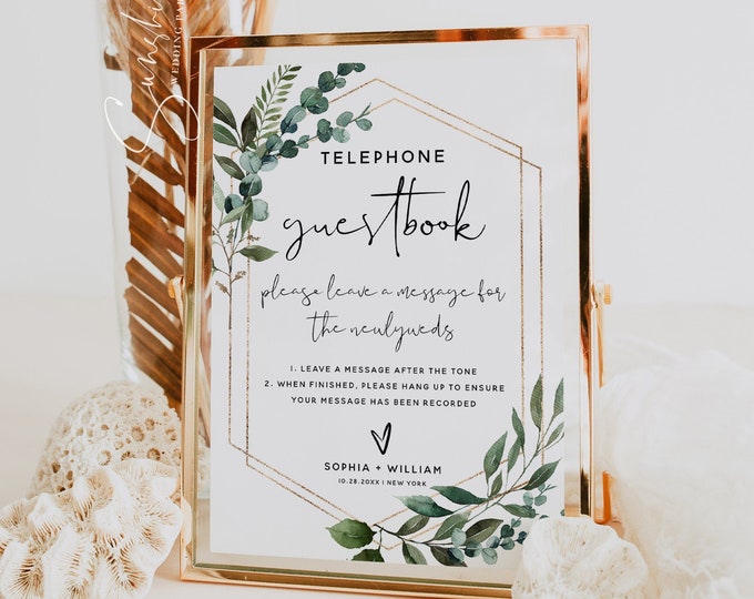 Telephone Guestbook Sign Template, Audio Guest Book Sign, Eucalyptus Greenery, Wedding Signs, Wedding Printable, Editable Template, G5