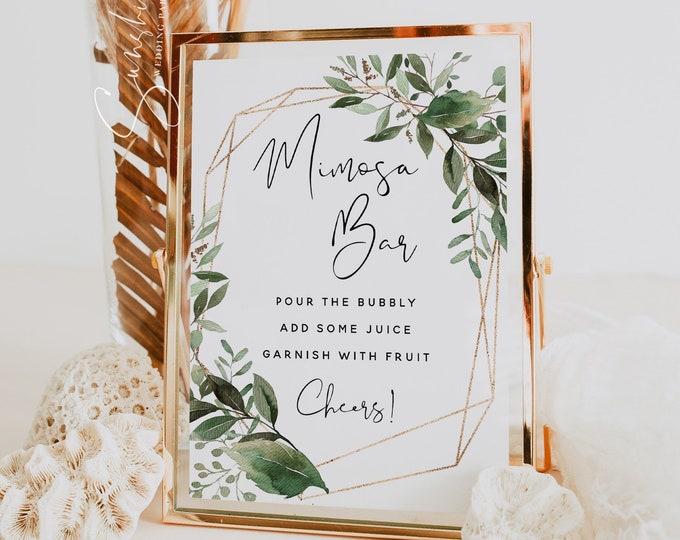 Greenery Mimosa Bar Sign Template, Bridal Shower Sign, Wedding Shower Sign, Mimosa Bar Wedding Sign Template, Instant Download, G5