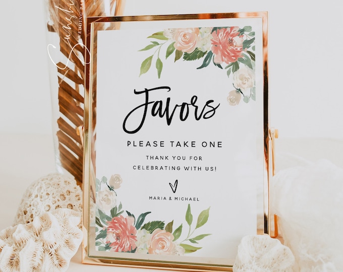 Peach Floral Favors Sign Template, Wedding Favors Signs, Printable Favors Sign, Editable Favors Signs, Baby Shower, Bridal Shower, F1