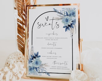 Plantilla de letrero de postre con dulces en azul polvoriento para bodas, despedidas de soltera, baby shower, cumpleaños, bautismo, bodas florales, descarga digital, F20