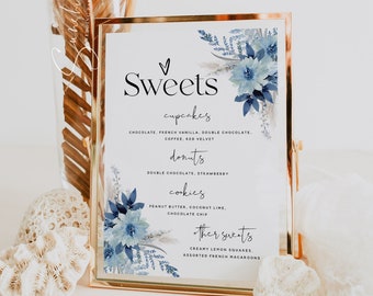 Plantilla de letrero de postre con dulces en azul polvoriento para bodas, despedidas de soltera, baby shower, cumpleaños, bautismo, bodas florales, descarga digital, F20